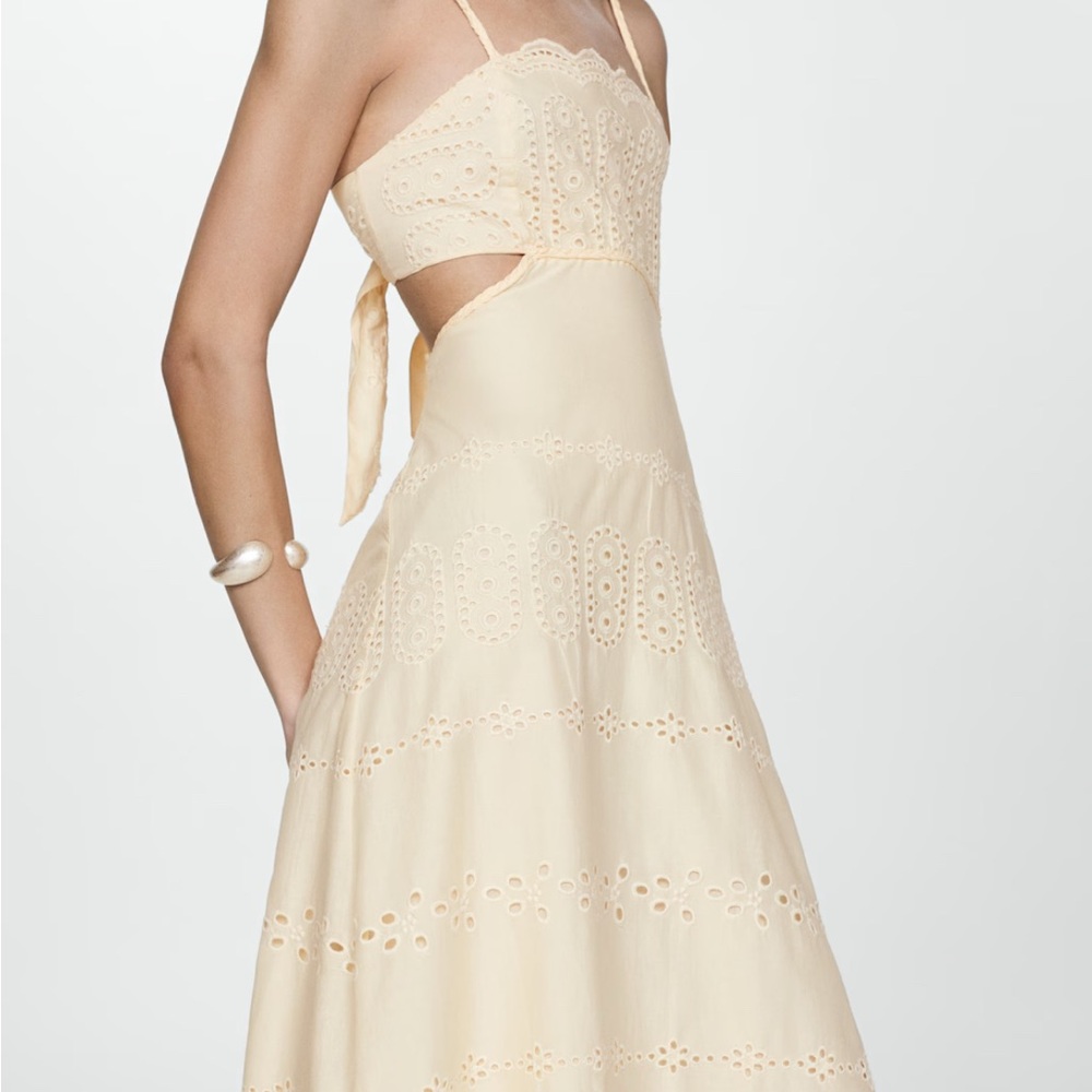 Mango Cream Backless Eyelet Chic Dress with side slits for summer!